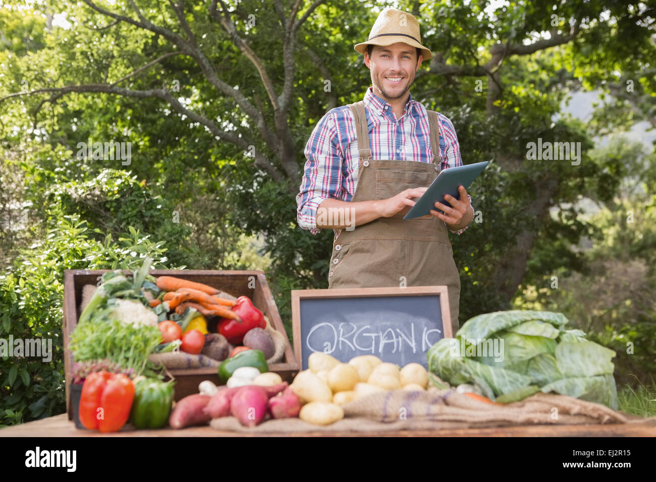 Farmer selling organic veg at market Stock Photo - Alamy