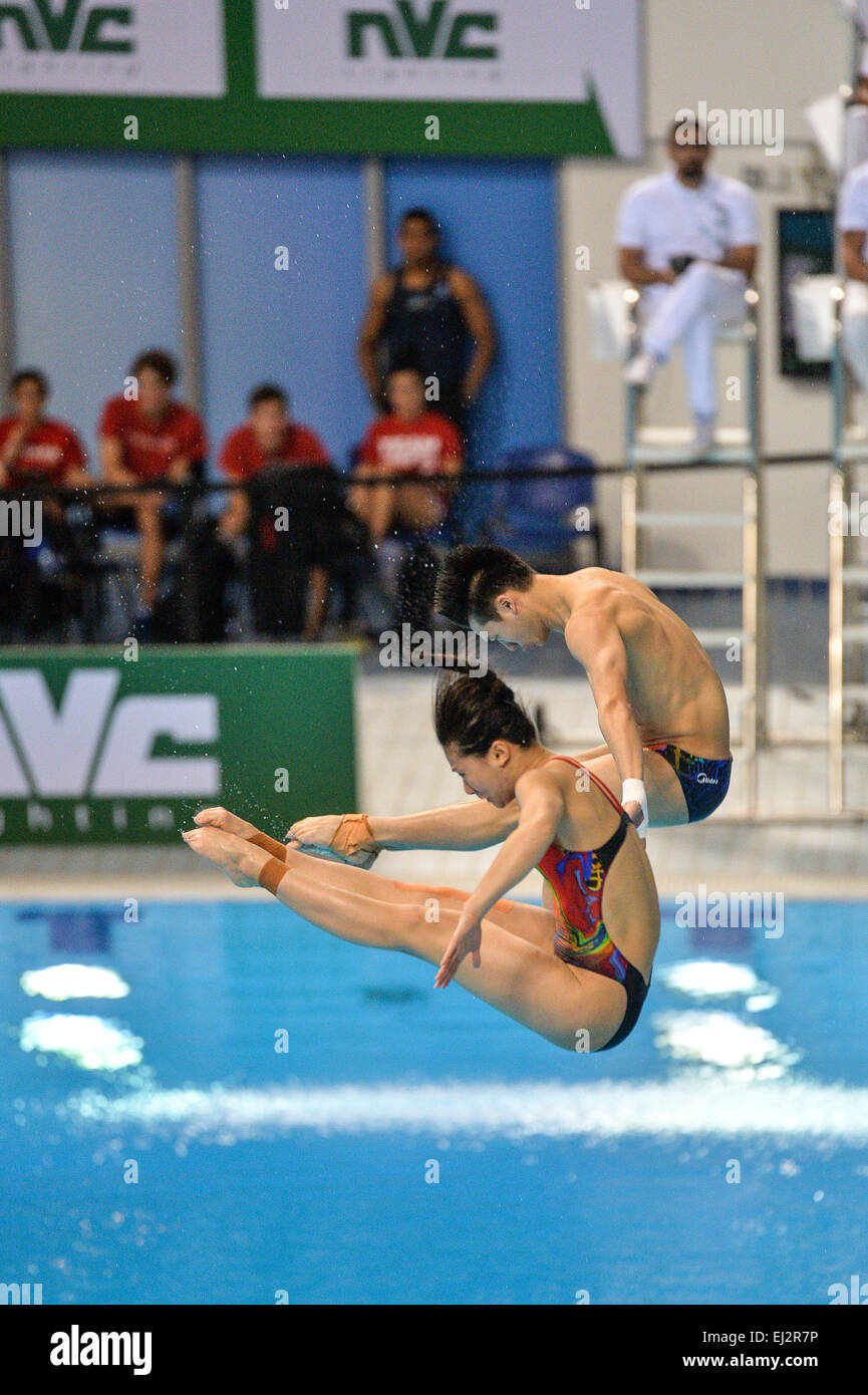 DUBAI, UAE, 20th March 2015. Chen Aisen and He Zi of China on their way to winning the Synchro 3m Springboard World Series gold medal in Dubai. The Chinese pair narrowly beat out the Canadian duo of Jennifer Abel and Francois ImbeauDulac who took silver Credit:  Feroz Khan/Alamy Live News Stock Photo