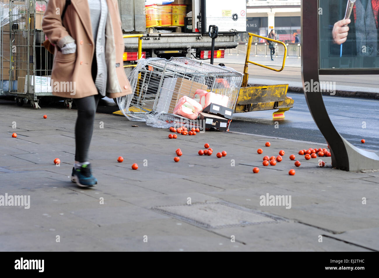 Delivery Man Drops Caged Pallet ,Nottingham City Center Stock Photo Alamy