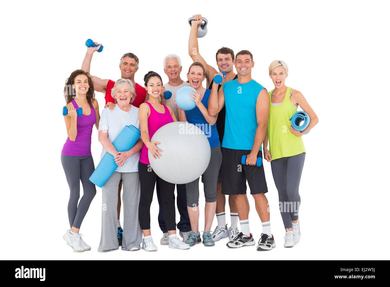 Happy people with exercise equipment Stock Photo
