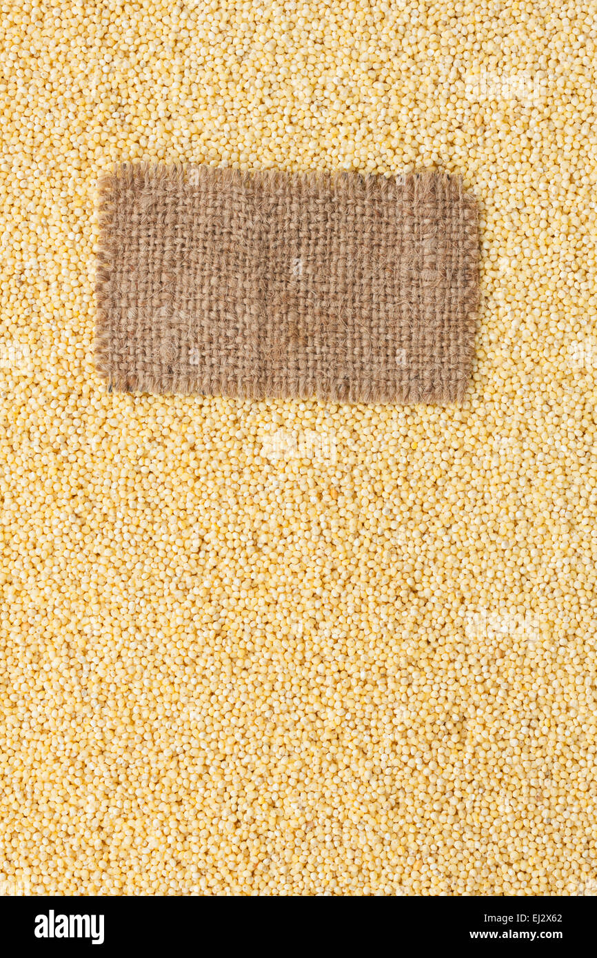 Tag made of burlap lies against the backdrop of millet,  with place for your creativity Stock Photo