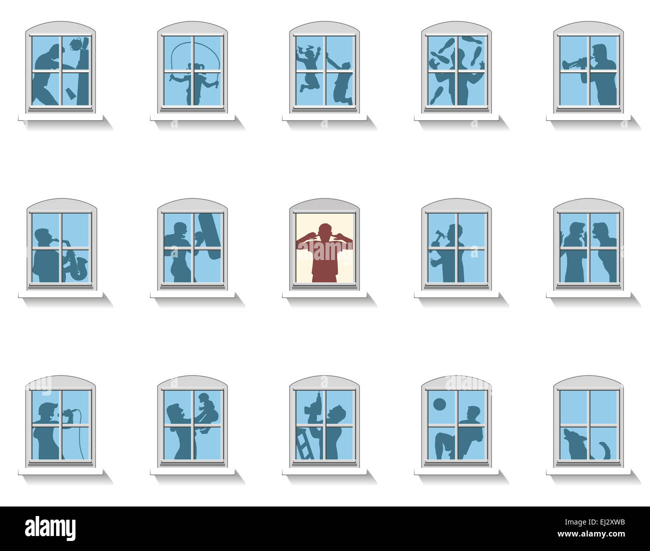 Neighbors that make various kinds of noise, in the middle window an annoyed man covers his ears Stock Photo