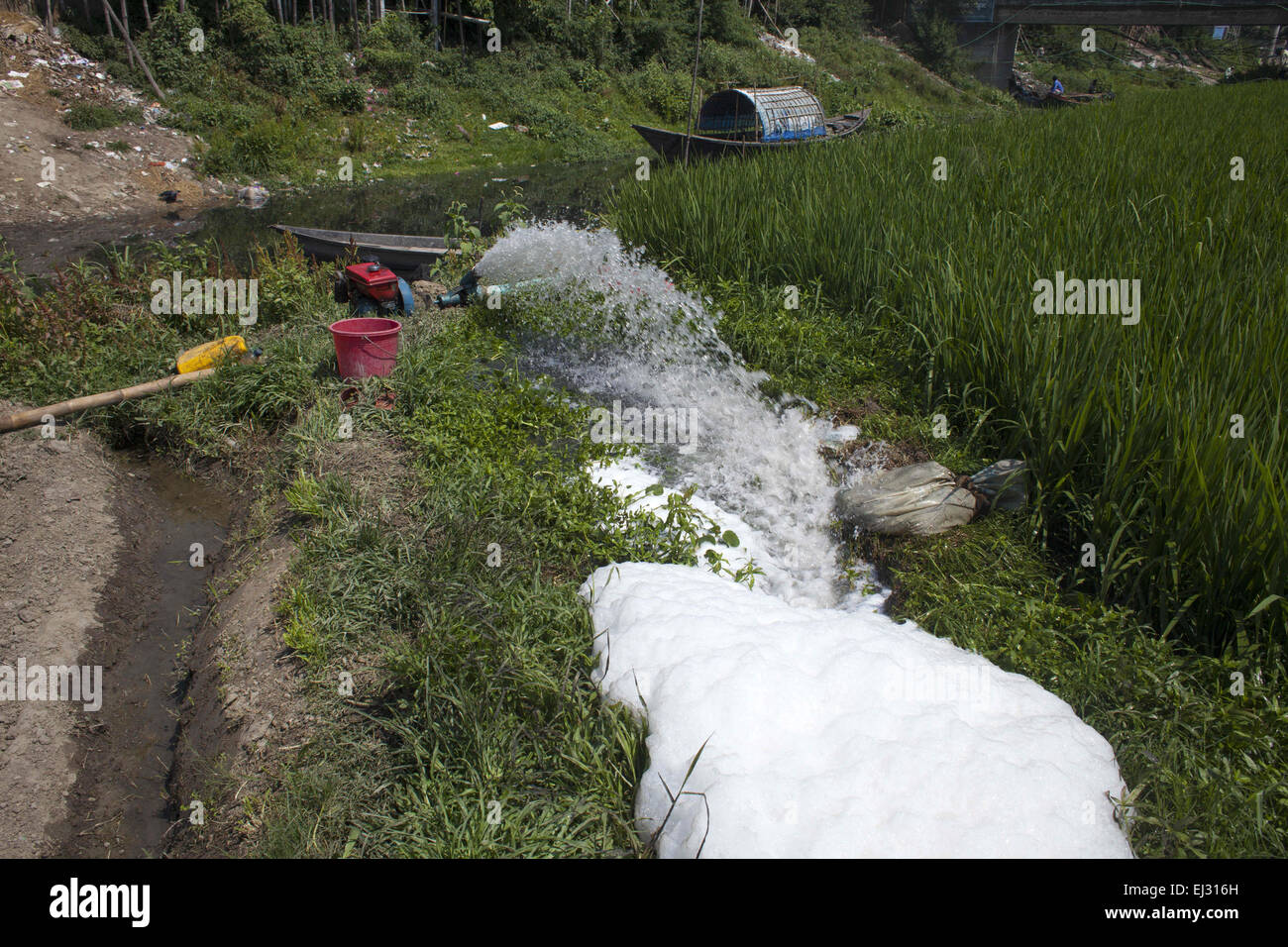 Dhaka, Bangladesh. 20th Mar, 2015. Dhaka, Bangladesh 20th March 2015; Farmer watering pitch black water in their cropland from Bali river which are polluted by sewage, filth & toxic chemicals flow which are poluted. A new UN report launched in New Delhi on March 20 ahead of World Water Day on March 22 warned of an urgent need to manage the world's water more sustainably and highlight the problem of groundwater over-extraction, particularly in India and China. The report says global demand for water is increasing exponentially, driven largely by population growth. (Credit Image: © Zakir Hossa Stock Photo