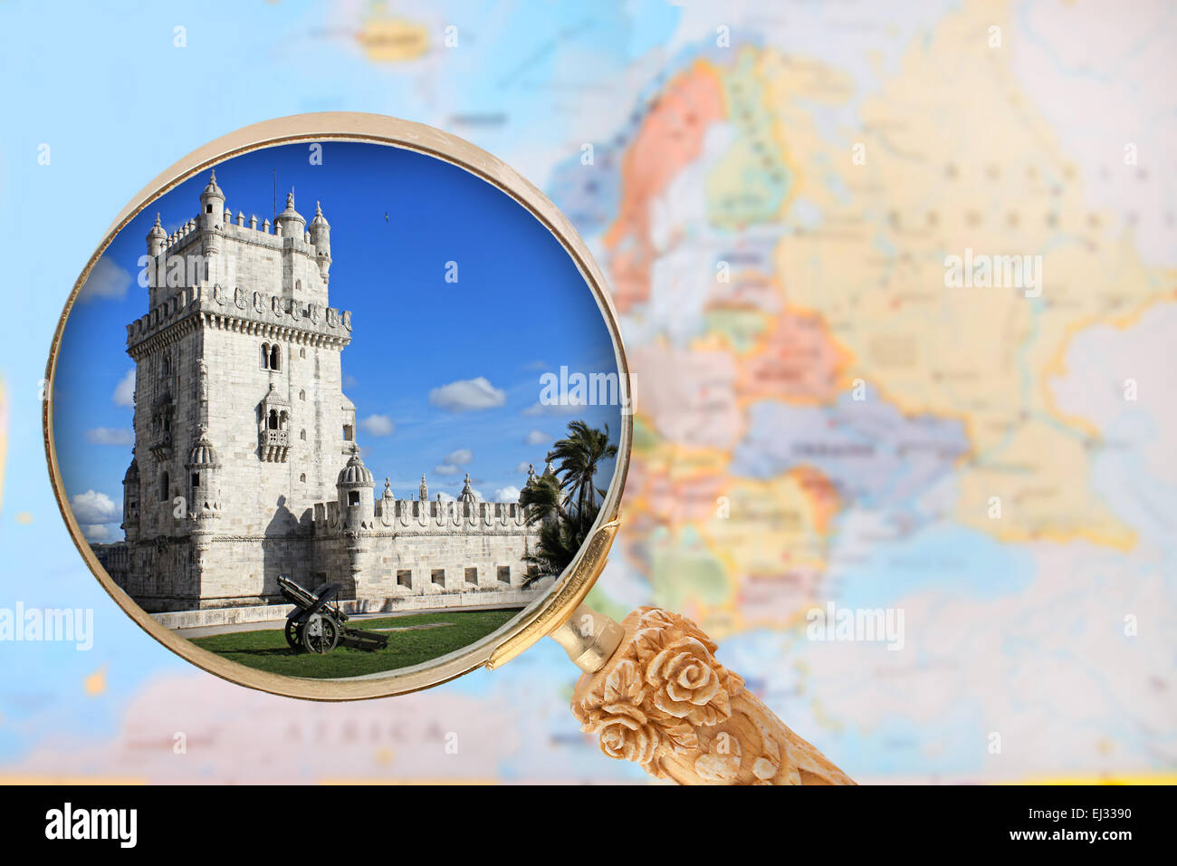 Looking in on Torre de Belem  a monument in  Portugal with a magnifying glass or loop with European map in the background Stock Photo