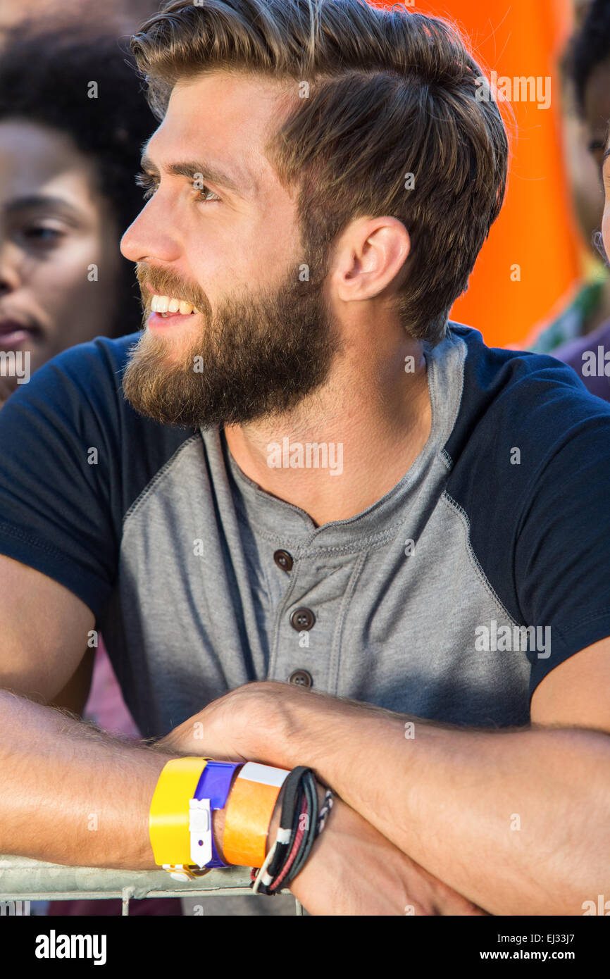 Excited music fan at festival Stock Photo