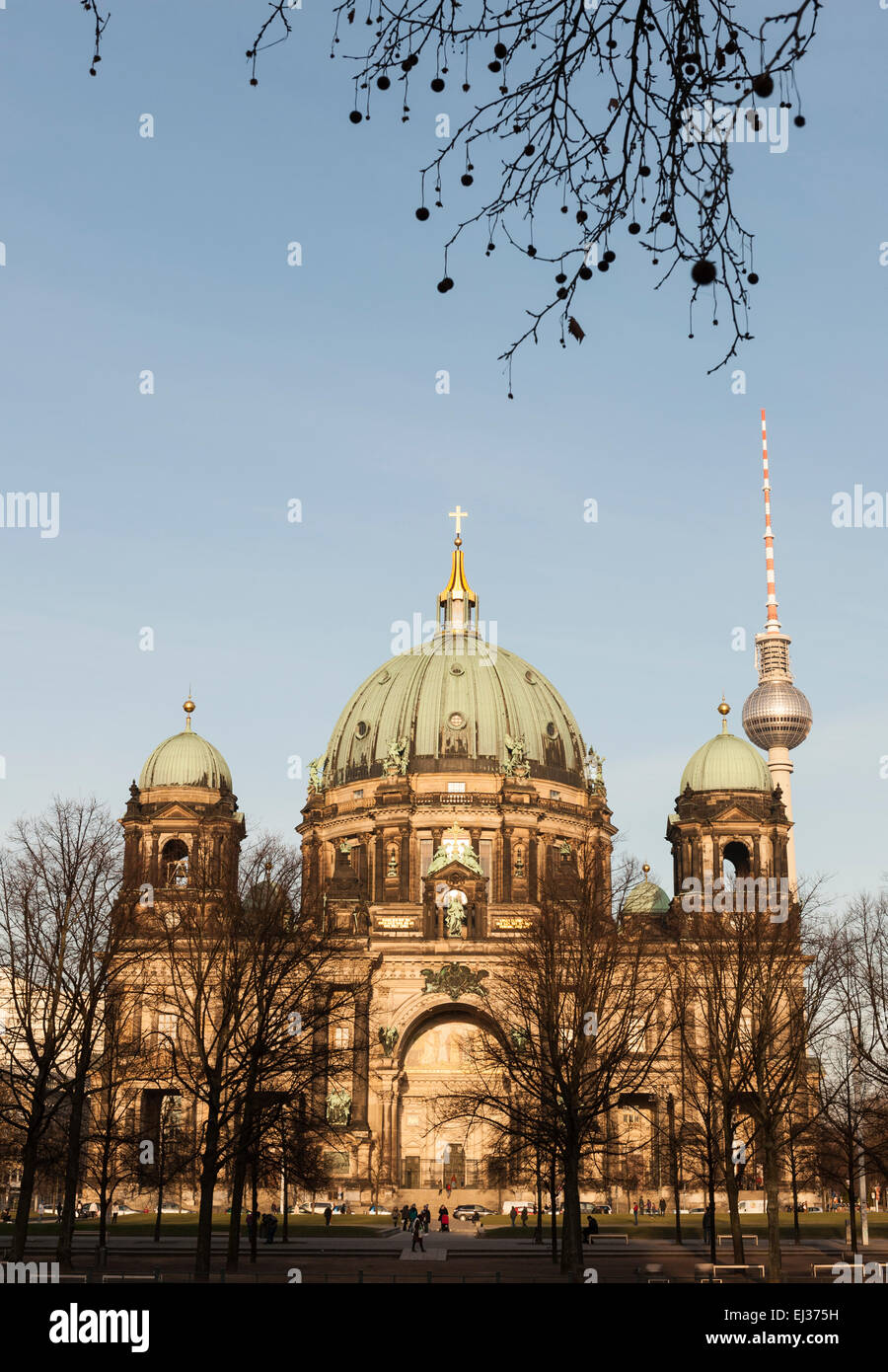 winter view of the Berliner Dom church, with the fernsehturm Stock Photo