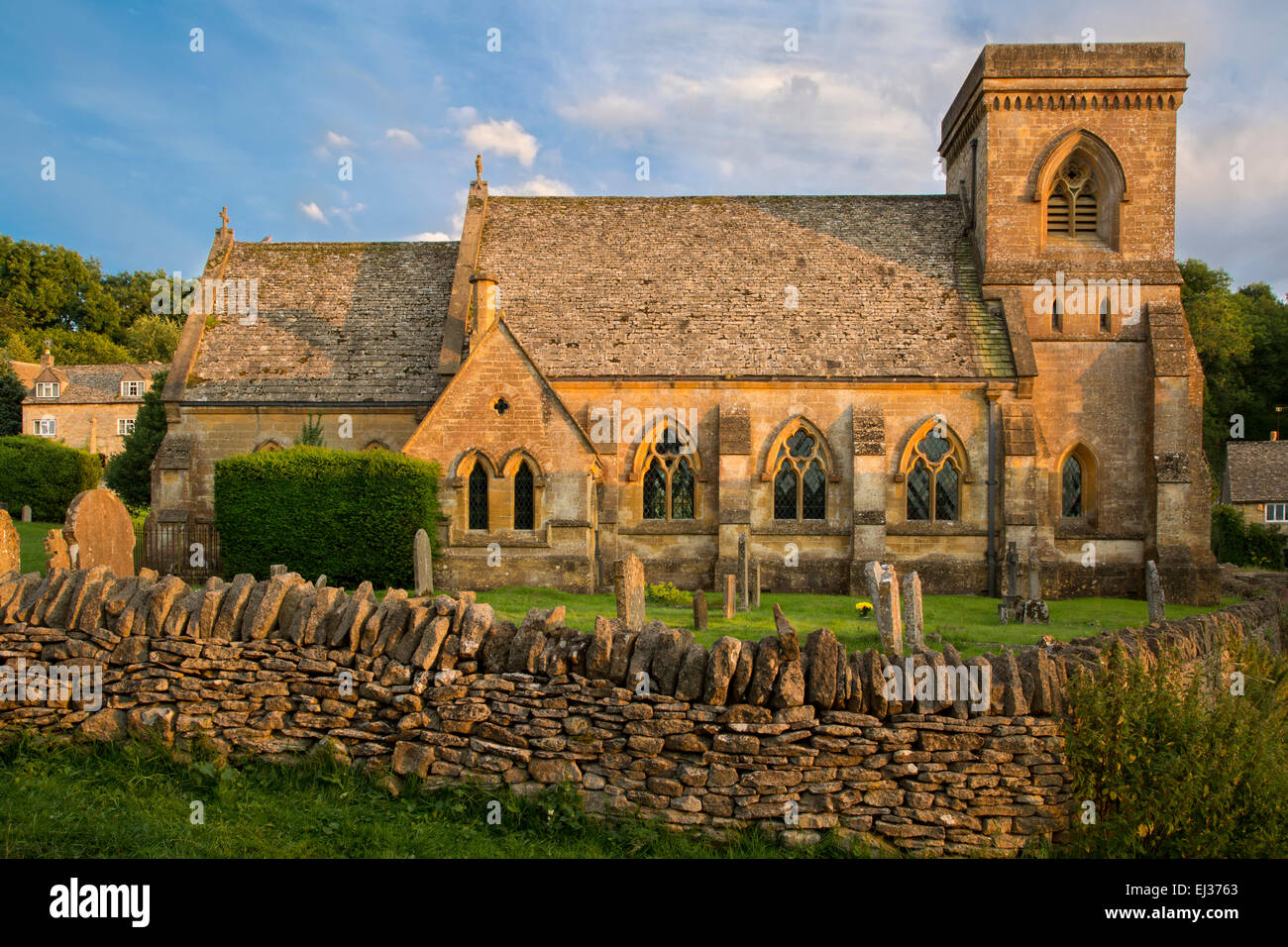 Evening sunlight on St Barnabas Church, Snowshill, the Cotswolds, Gloucestershire, England Stock Photo