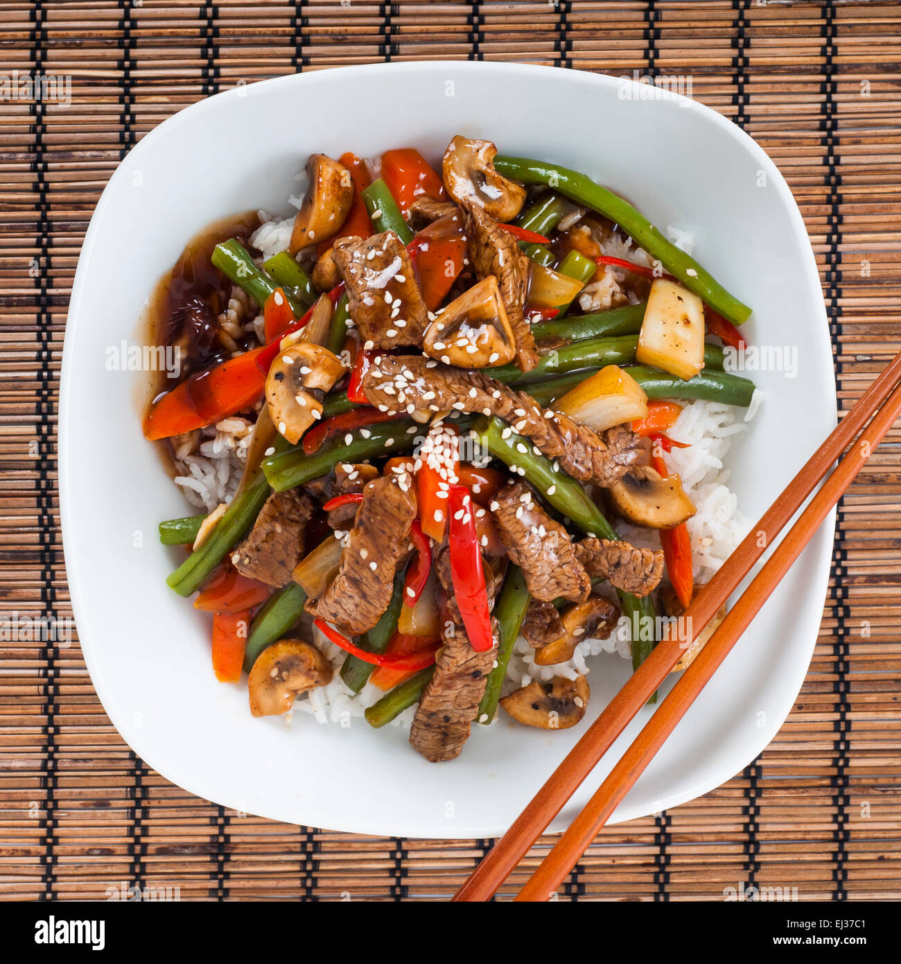 Asian flavored stir fried beef with green beans, mushrooms, peppers