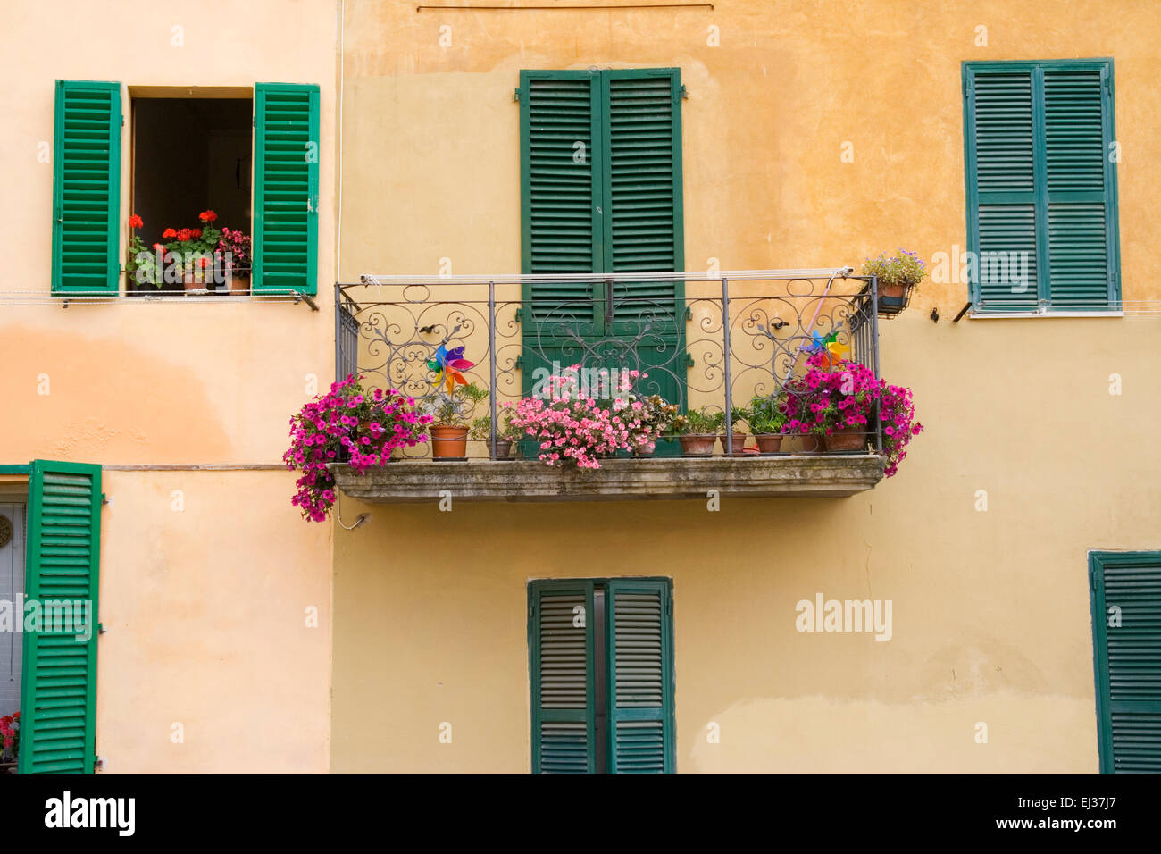 Siena, Tuscany, Italy. ancient walled Gothic city, colourful balcony and windows Stock Photo