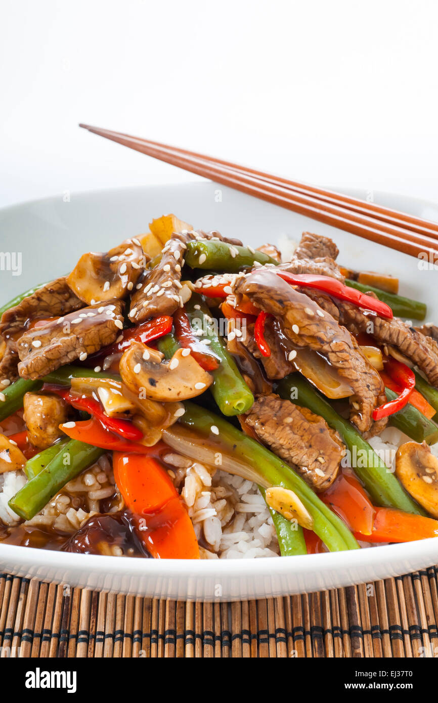 Asian flavored stir fried beef with green beans, mushrooms, peppers