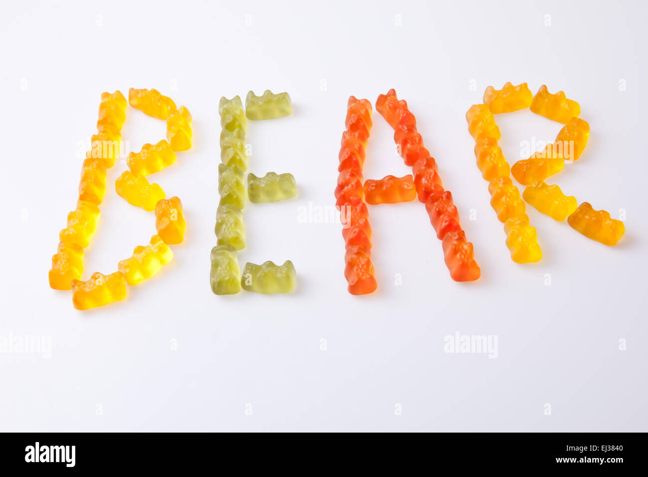 Letters made with colorful gummy bears making the word bear Stock Photo