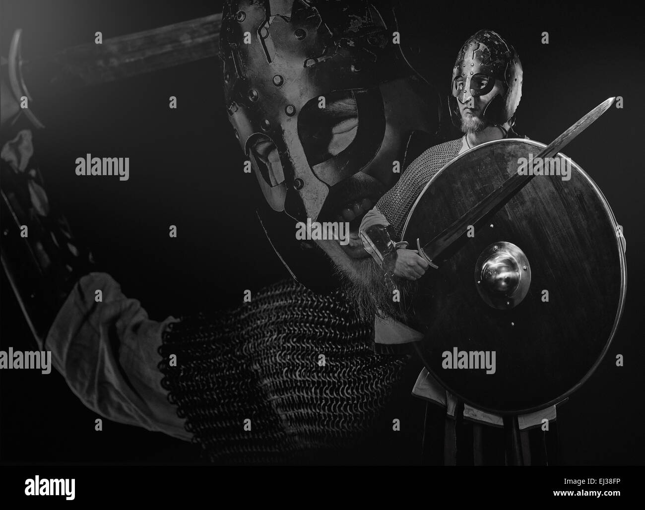 Medieval knight armor with a sword, helmet and shield, black and white ...