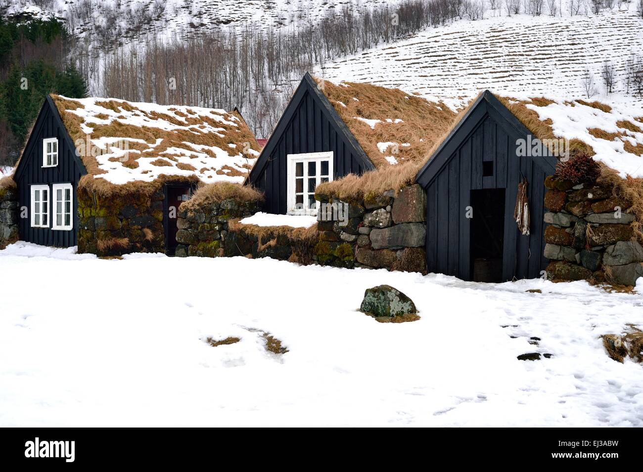 Traditional Iceland historic farm houses at Skogar Museum Iceland in winter Stock Photo
