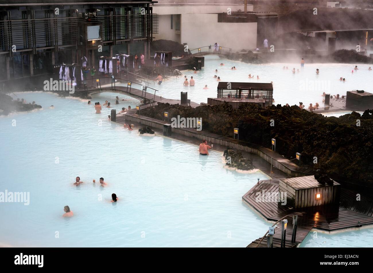 People enjoying a thermal bath at the Blue Lagoon Iceland in winter Stock Photo