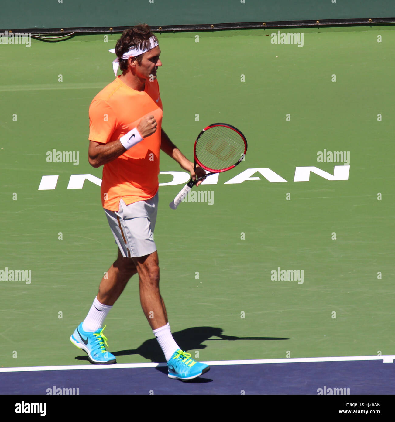 Indian Wells, California 20th March, 2015 Tennis player Roger Federer defeats Tomas Berdych in the Quarterfinal of the Men's Singles at the BNP Paribas Open (score 6-4 6-0). Photo: Roger Federer Credit: Werner Fotos/Alamy Live News Stock Photo