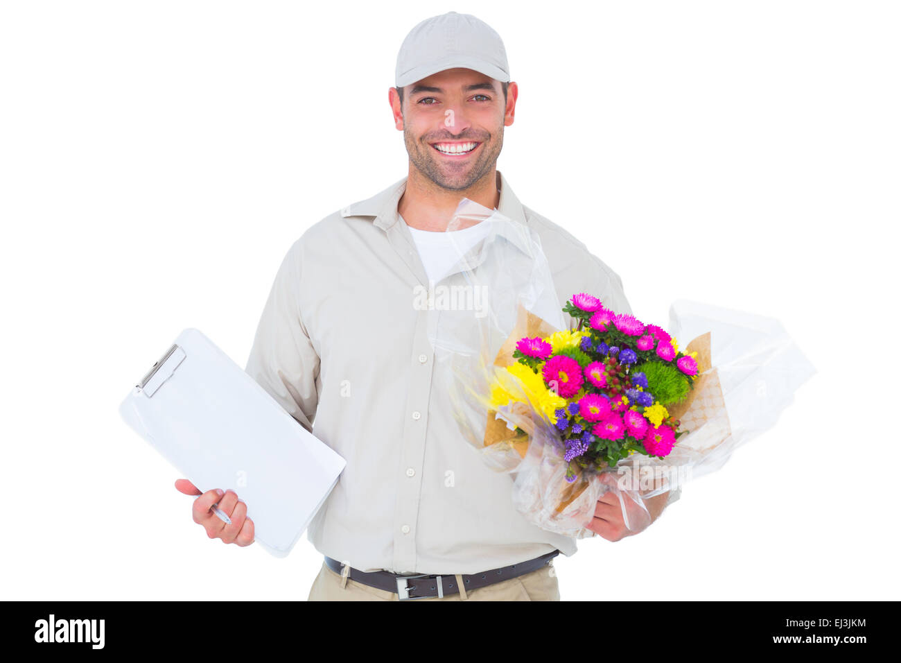 Happy flower delivery man holding clipboard Stock Photo Alamy