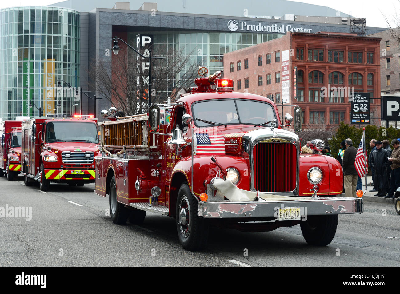 Newark Fire Department truck parading during the 2013 St. Patrick's Day parade. Newark, New Jersey. USA. Stock Photo