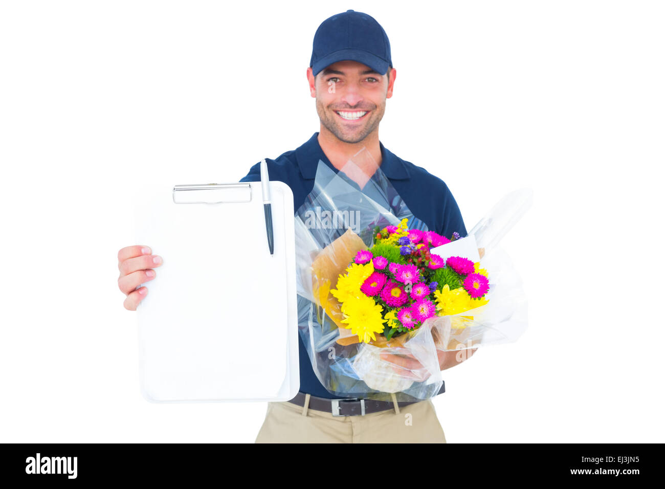 Flower delivery man showing clipboard Stock Photo Alamy