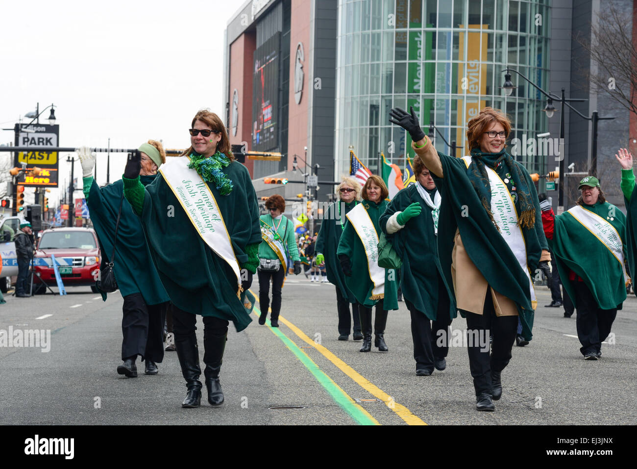 Women of Irish Heritage marching during the 2013 St. Patrick's Day parade. Newark, New Jersey. USA Stock Photo