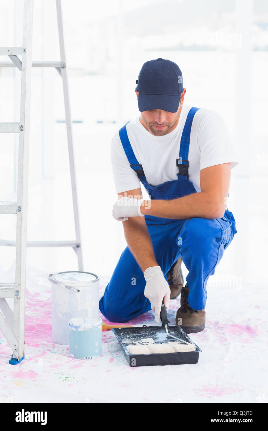 Handyman using paint roller in tray at home Stock Photo Alamy