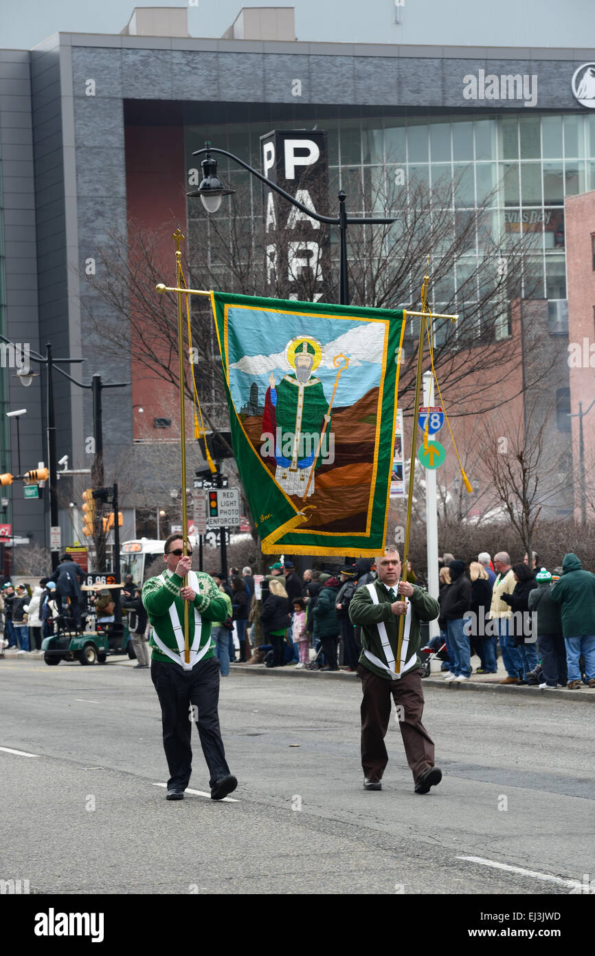 Two man parading with the St. Patrick flag during the 2013 St. Patrick's Day parade. Newark, New Jersey. USA Stock Photo