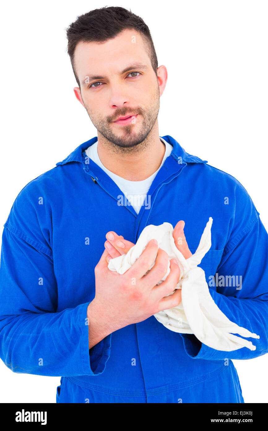 Mechanic wiping hands with cloth Stock Photo Alamy