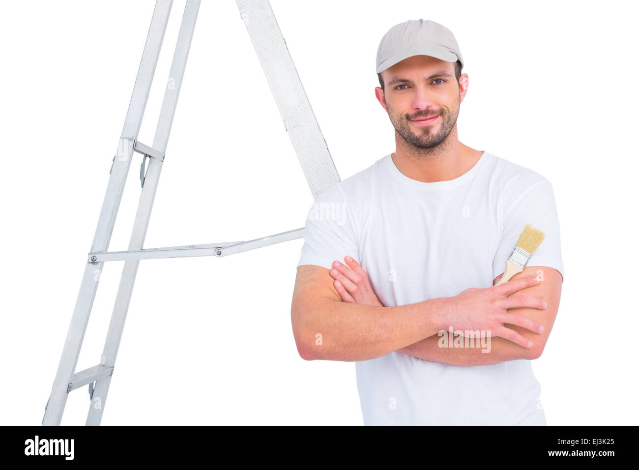 handyman with paintbrush and ladder Stock Photo Alamy
