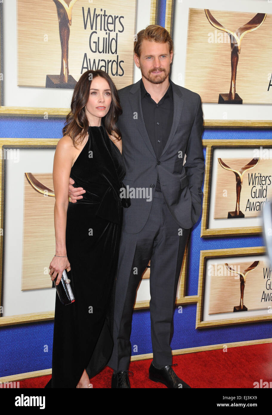 LOS ANGELES, CA - FEBRUARY 14, 2015: Abigail Spencer & Josh Pence at the 2015 Writers Guild Awards at the Hyatt Regency Century Plaza Hotel. Stock Photo