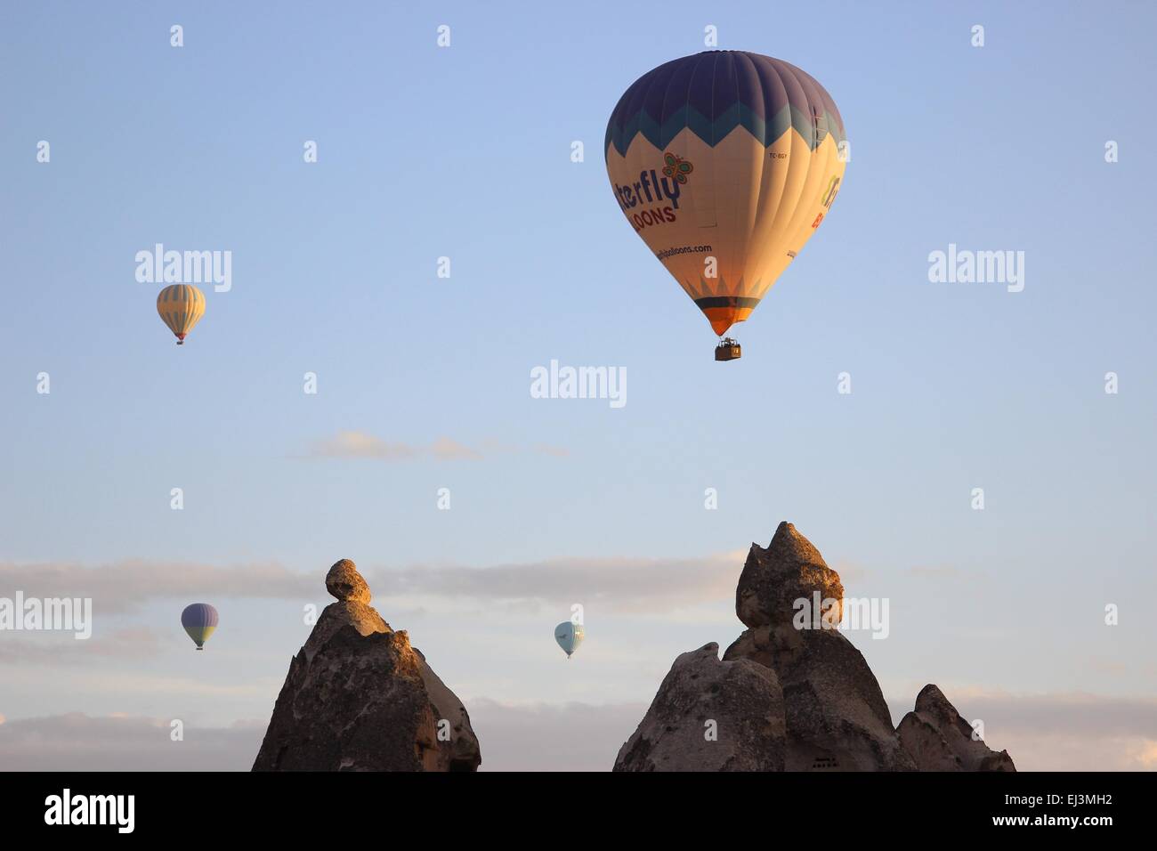 Hot air balloons and in Goreme, Cappadocia, Stock Photo