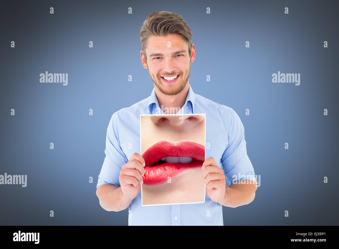 Composite image of close up of woman biting red lips Stock Photo