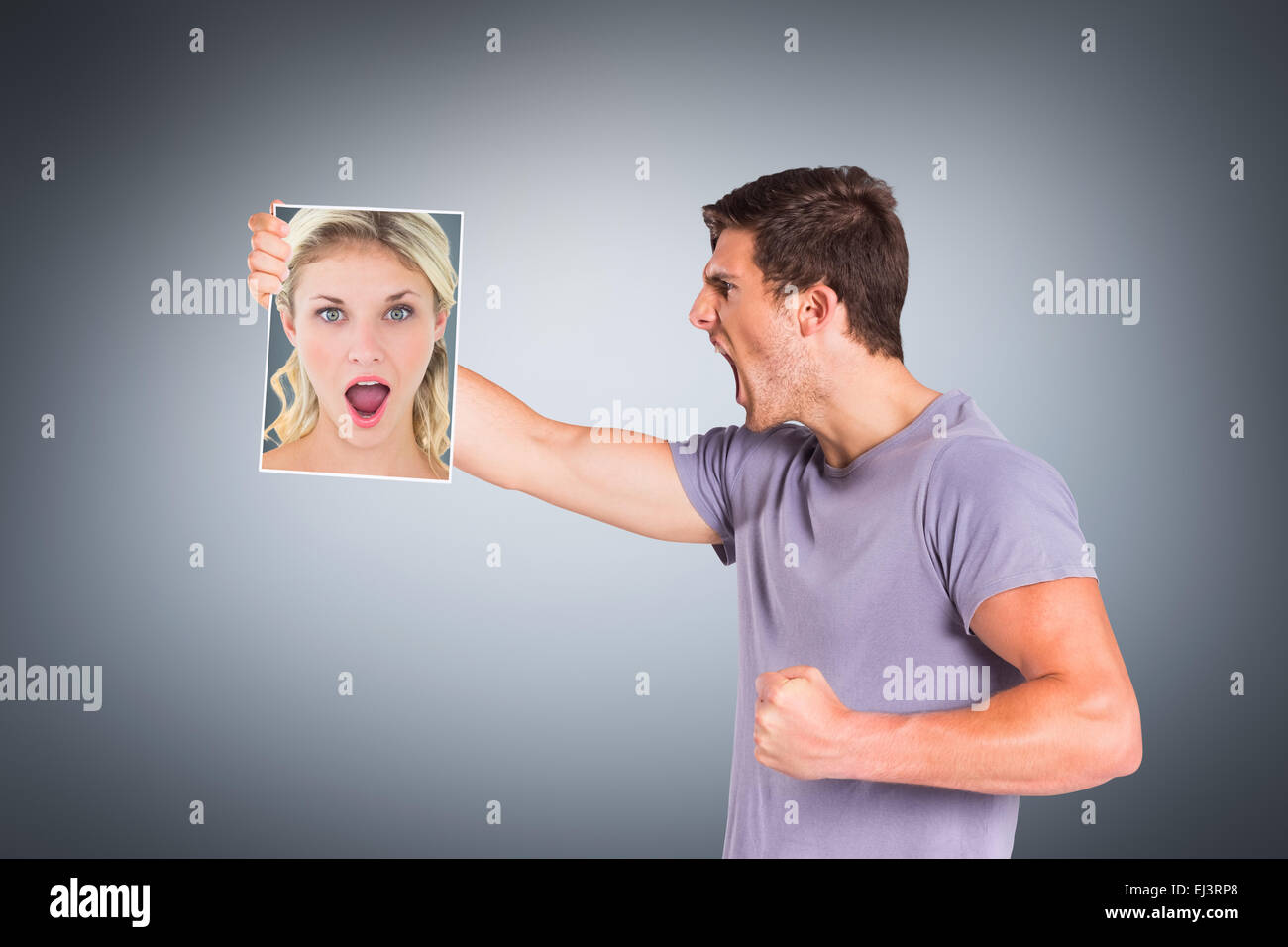 Composite image of shocked blonde holding a sheet of paper Stock Photo