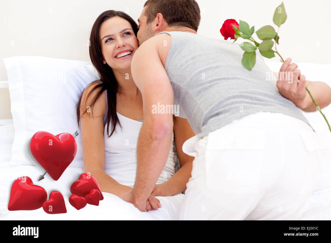 Composite image of husband giving a rose and a kiss to his ...