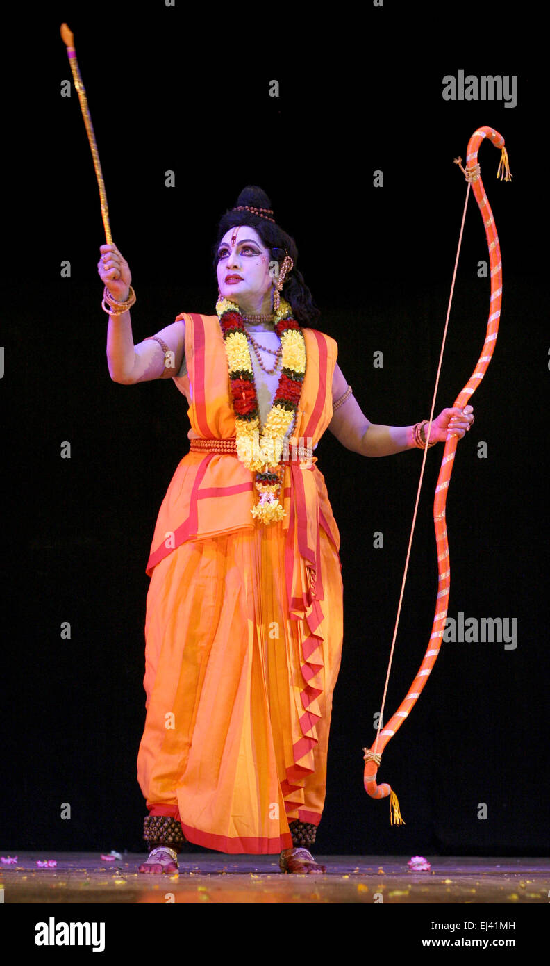 sobhanaidu Kuchipudi dancer perform as God Rama in dance ballet with Ramayanam theme on November 18,2012 in Hyderabad,India. Stock Photo