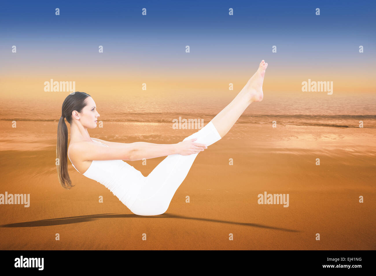 Composite image of toned woman doing the boat pose in fitness studio Stock Photo