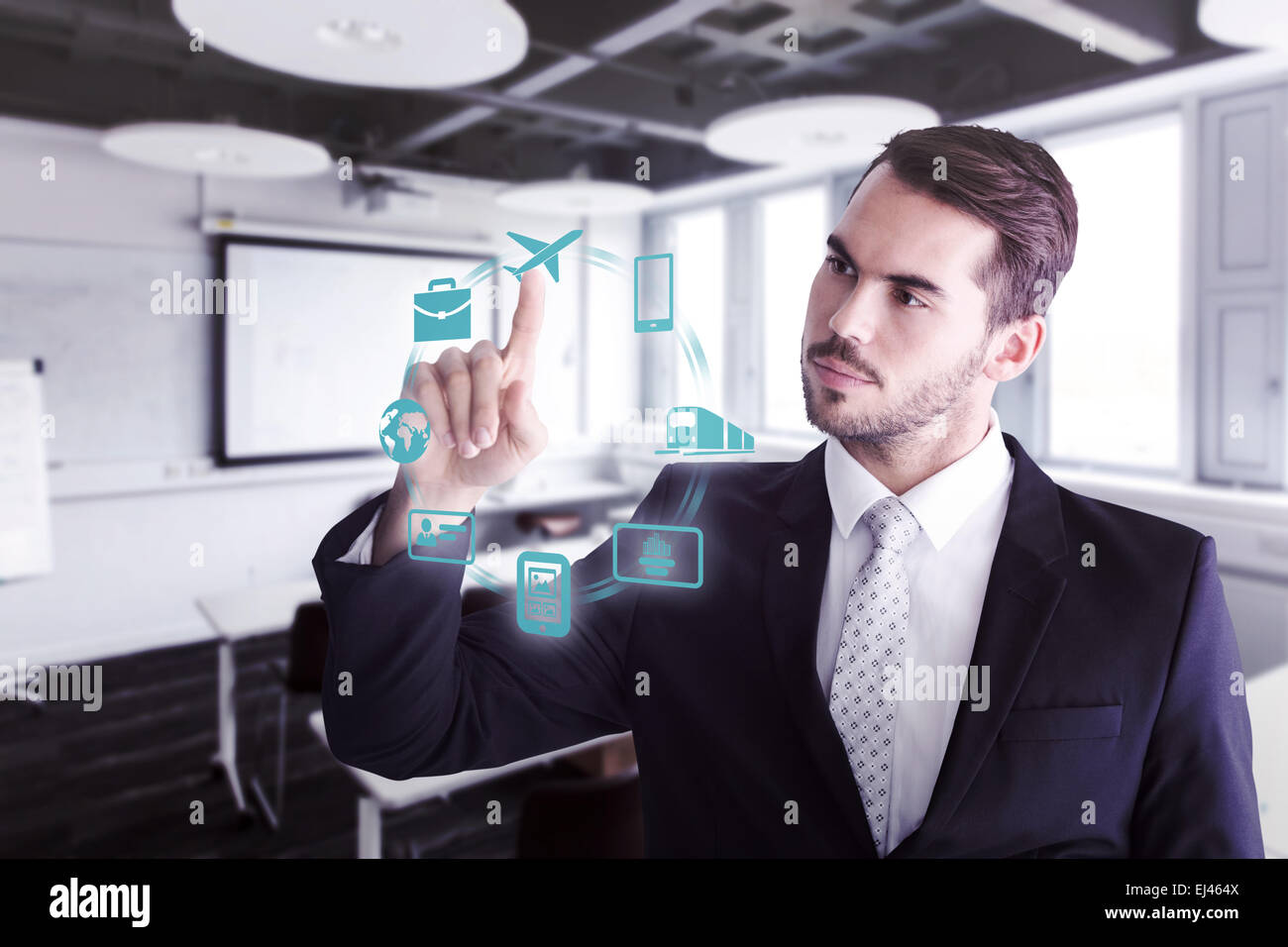 Composite image of thoughtful businessman pointing something with his finger Stock Photo