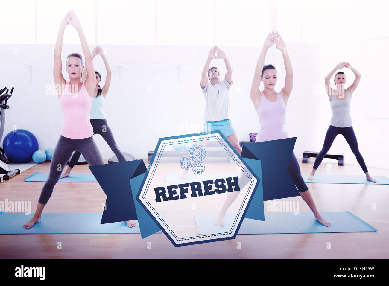 The word refresh and sporty class doing pilate exercises Stock Photo