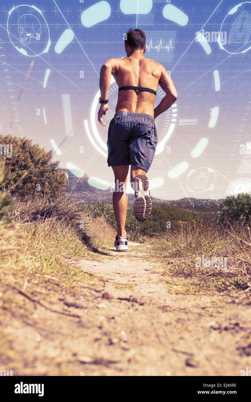 Composite image of shirtless man jogging with heart rate monitor around