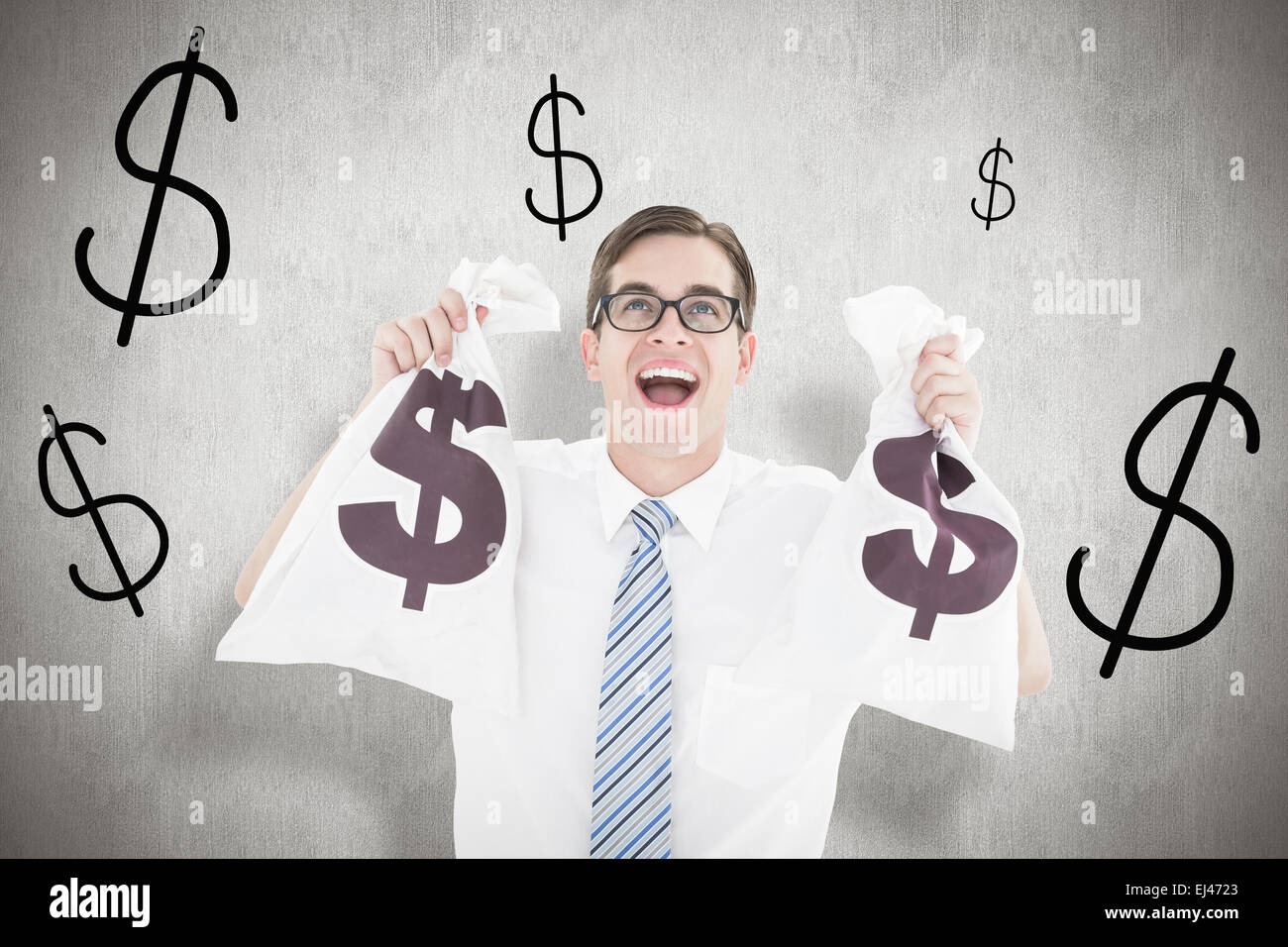 Composite image of geeky happy businessman holding bags of money Stock ...