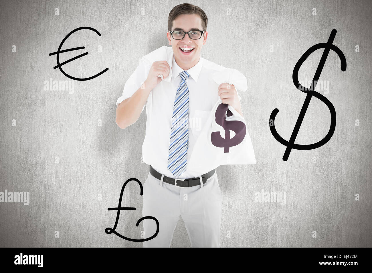 Composite image of geeky happy businessman holding bags of money Stock ...