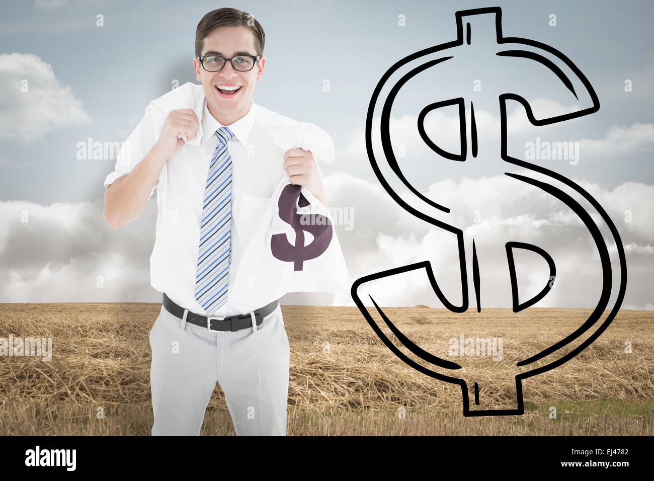 Composite image of geeky happy businessman holding bags of money Stock ...