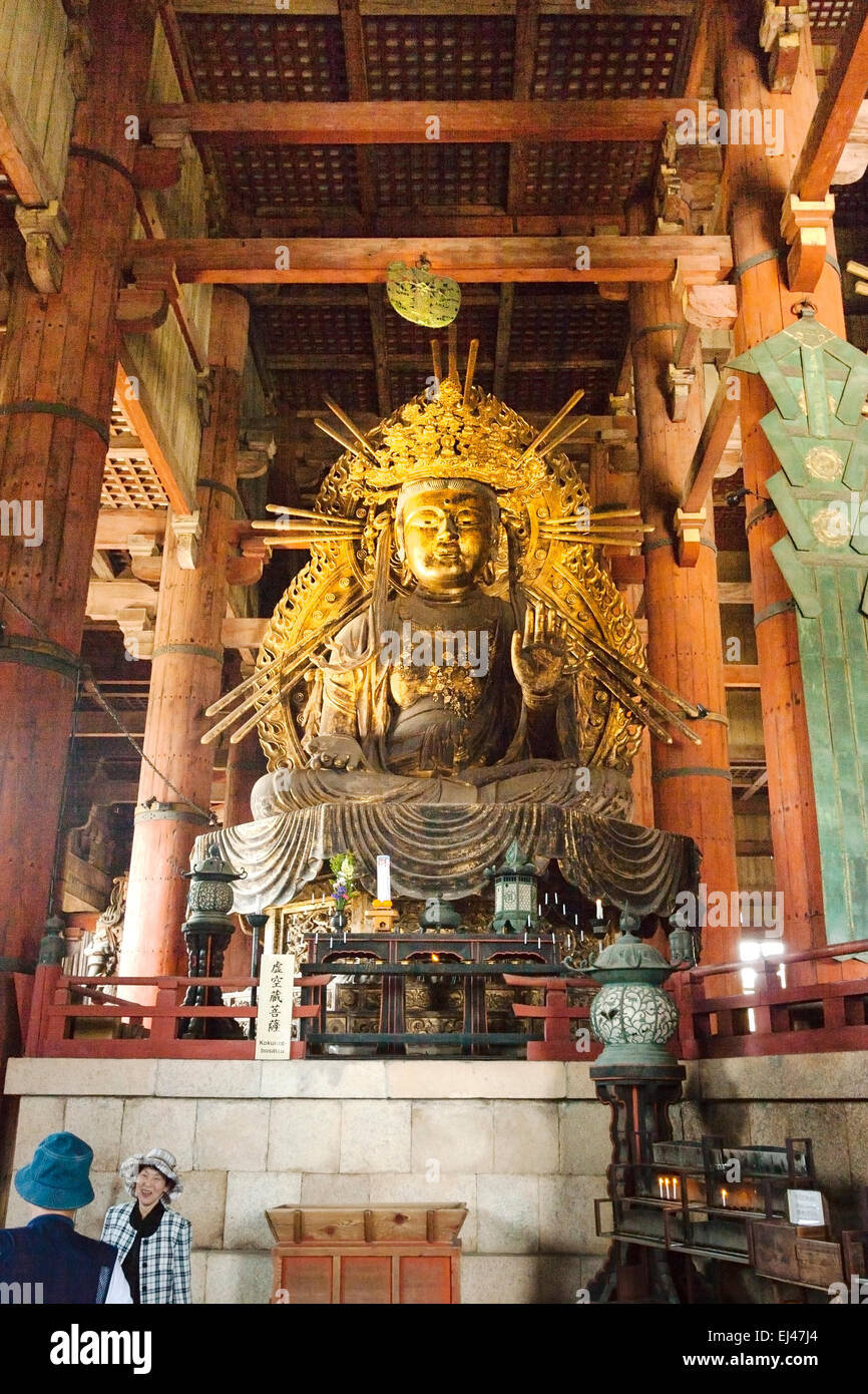 The Kokuuzo Kannon Bosatsu, bodhisattva of wisdom and mercy, statue in the Daibutsuden, the great Buddha hall at the Todaiji temple in Nara, Japan. Stock Photo