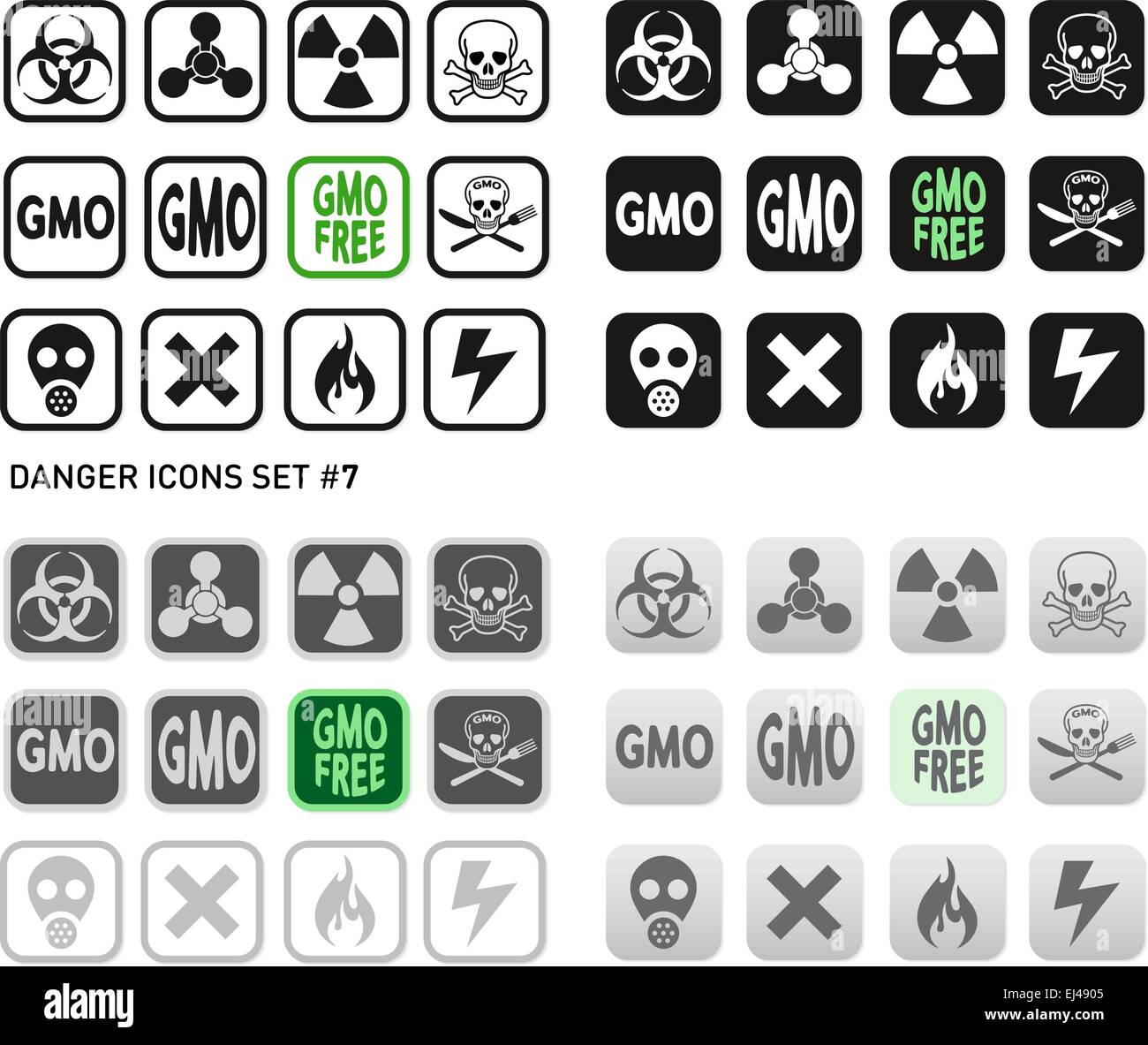 Set of icons for dangerous and hazardous product like radiations, poisons, toxic substances or fire and electricity Stock Vector