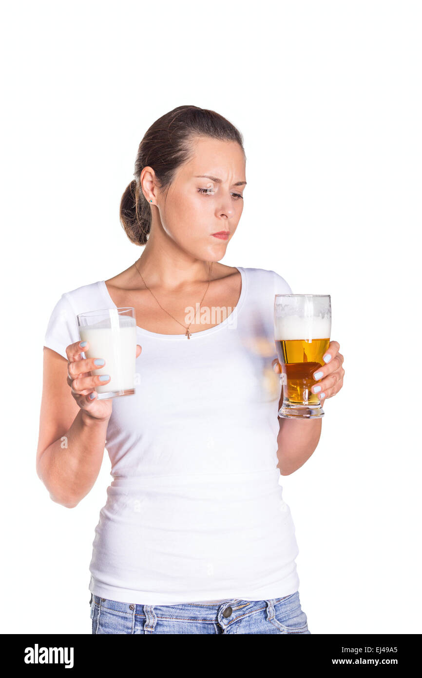 Woman making choice between healthy and unhealthy drink Stock Photo Alamy