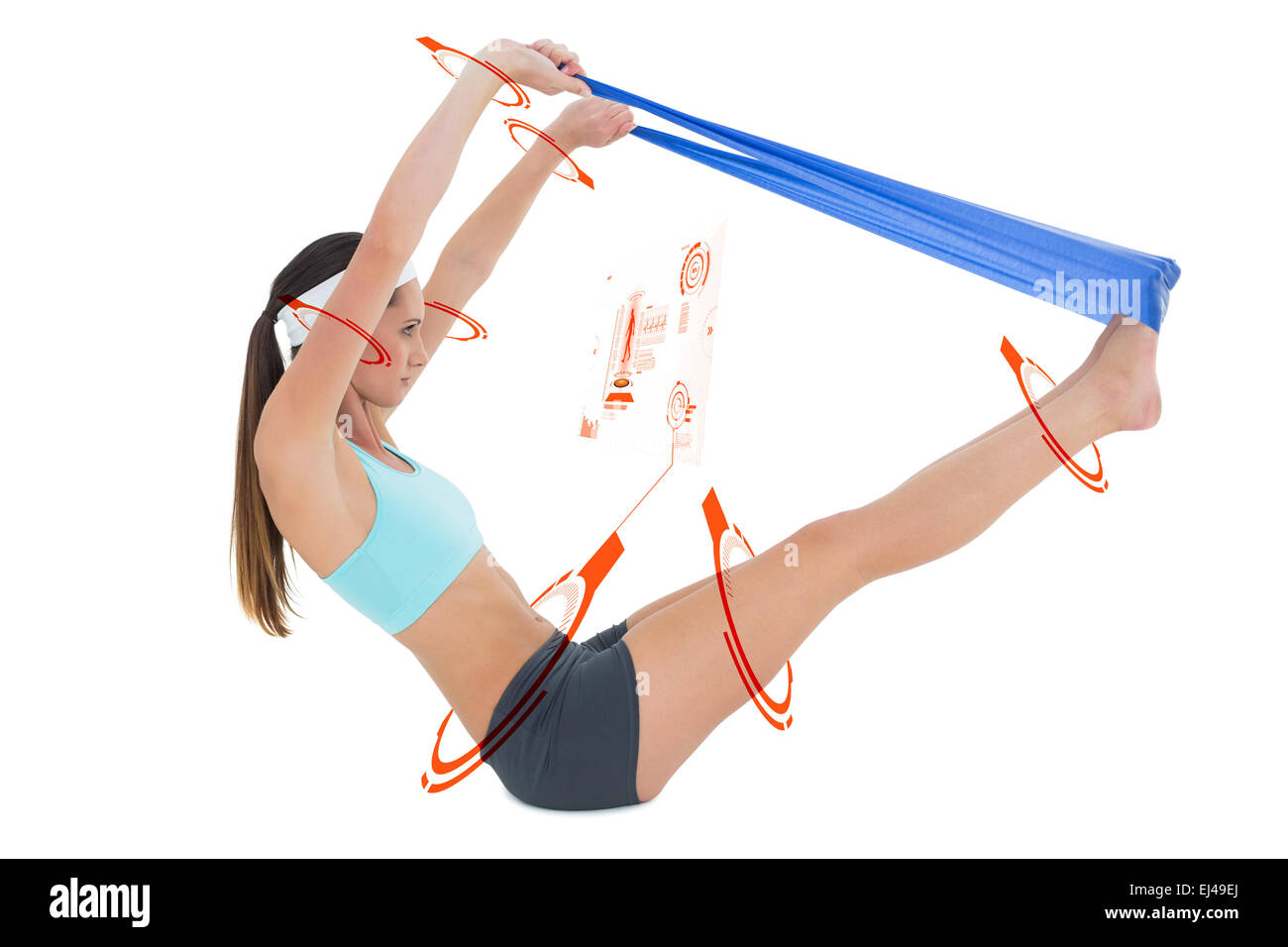 Composite image of fit young woman exercising with a blue yoga belt Stock Photo