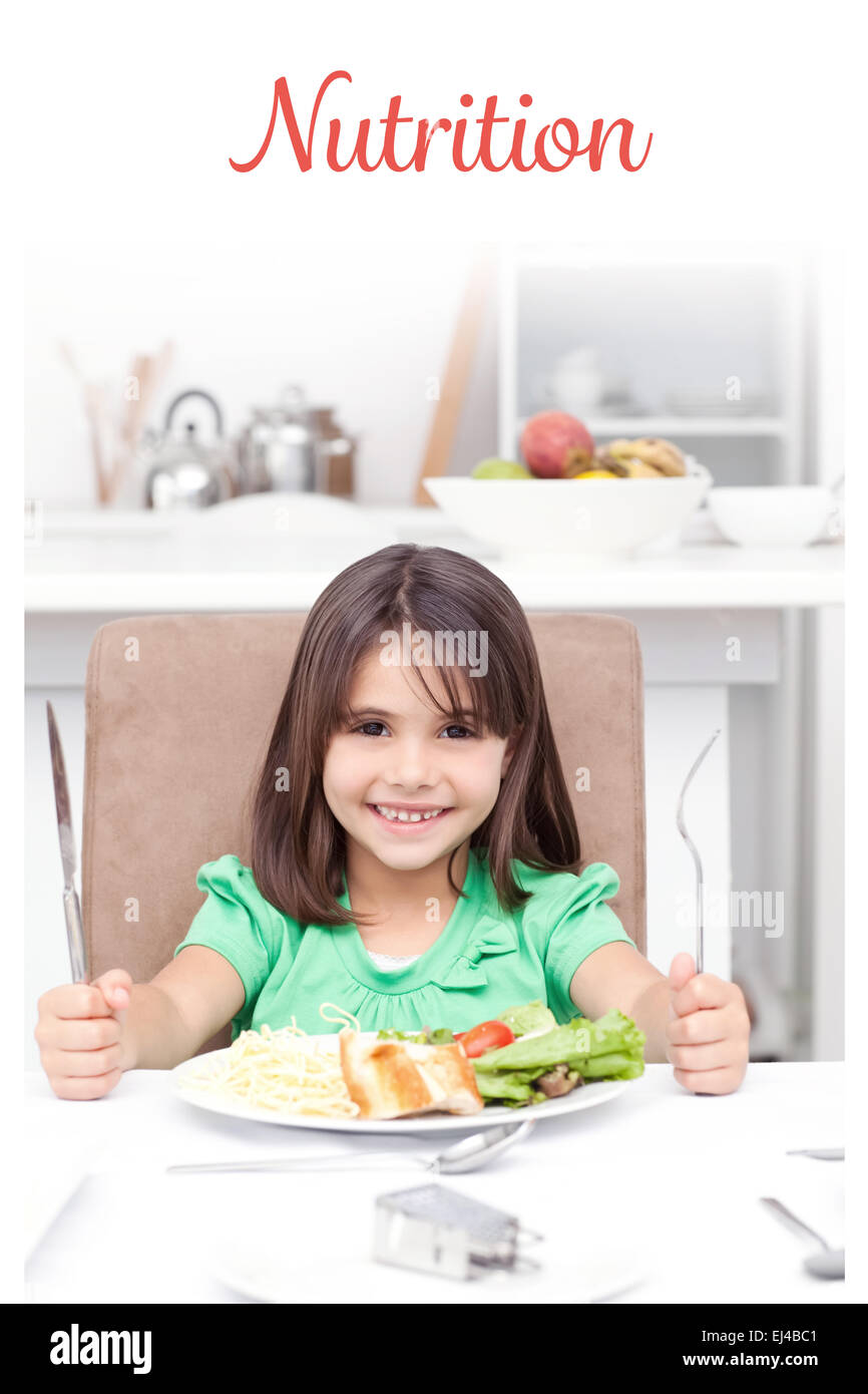 Nutrition against adorable llittle girl holding forks to eat pasta and