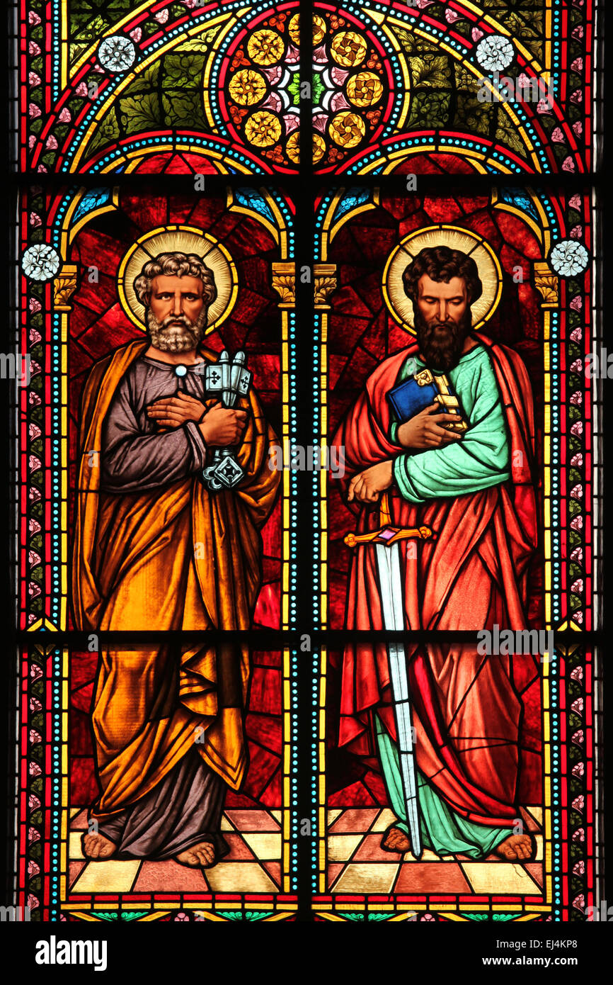Saints Peter and Paul. Stained glass window by Dresden glass master Bruno Urban (1885) in the Riga Cathedral in Riga, Latvia. Stock Photo
