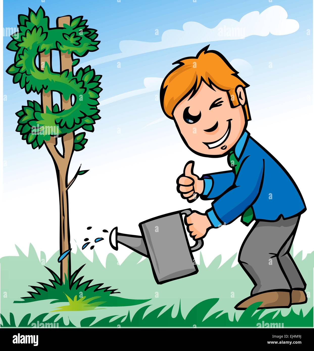 business man cartoon watering dollar tree Stock Vector