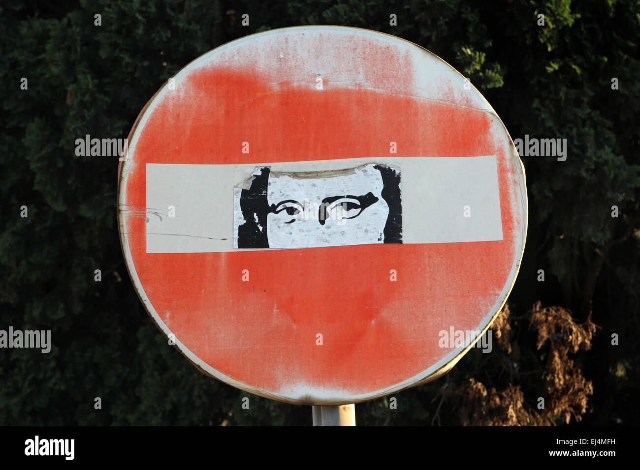 Mona Lisa by Leonardo da Vinci depicted in the No Entry traffic sign in Rome, Italy. Stock Photo