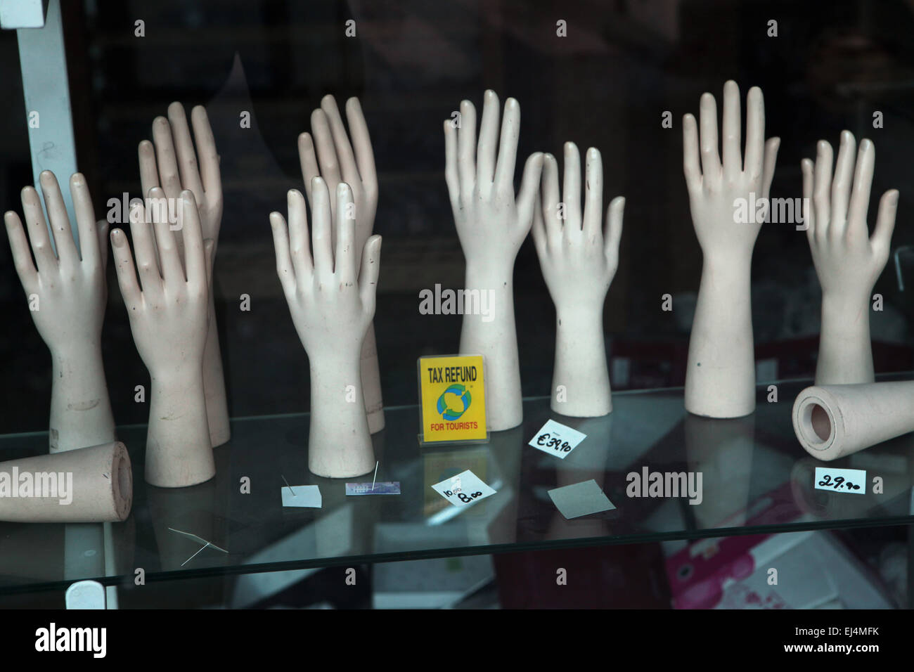 Hand mannequins in a shop window in Rome, Italy. Stock Photo