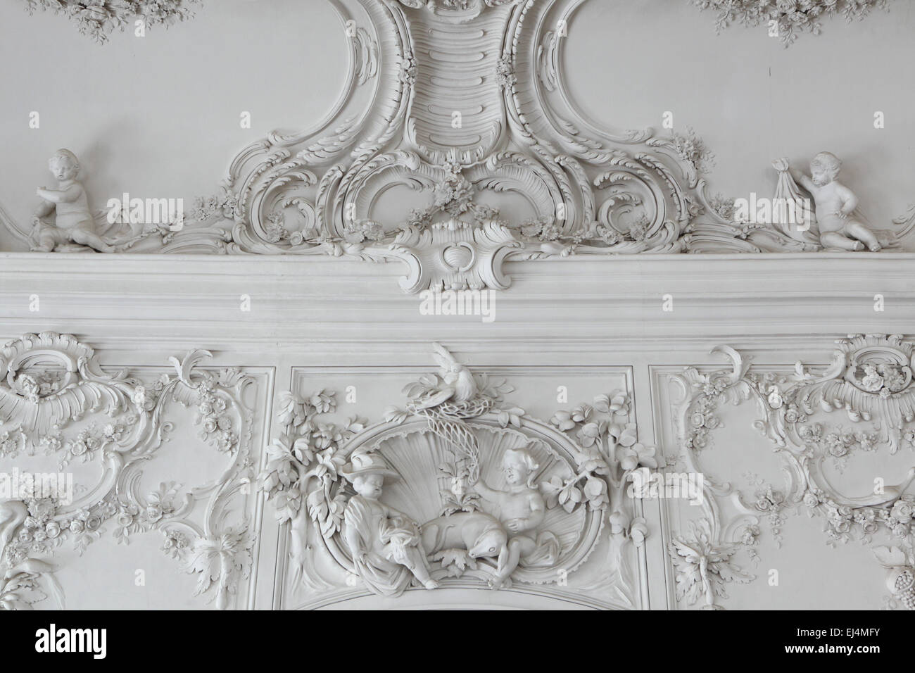 Rococo stucco decoration by German sculptor Johann Michael Graff in the White Hall of the Rundale Palace, Latvia. Stock Photo